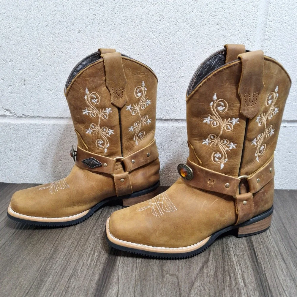 Parmeuna Boots Kids Tan Leather Western Cowboy Boots Size 3.5Y Or 20.5 Mexico